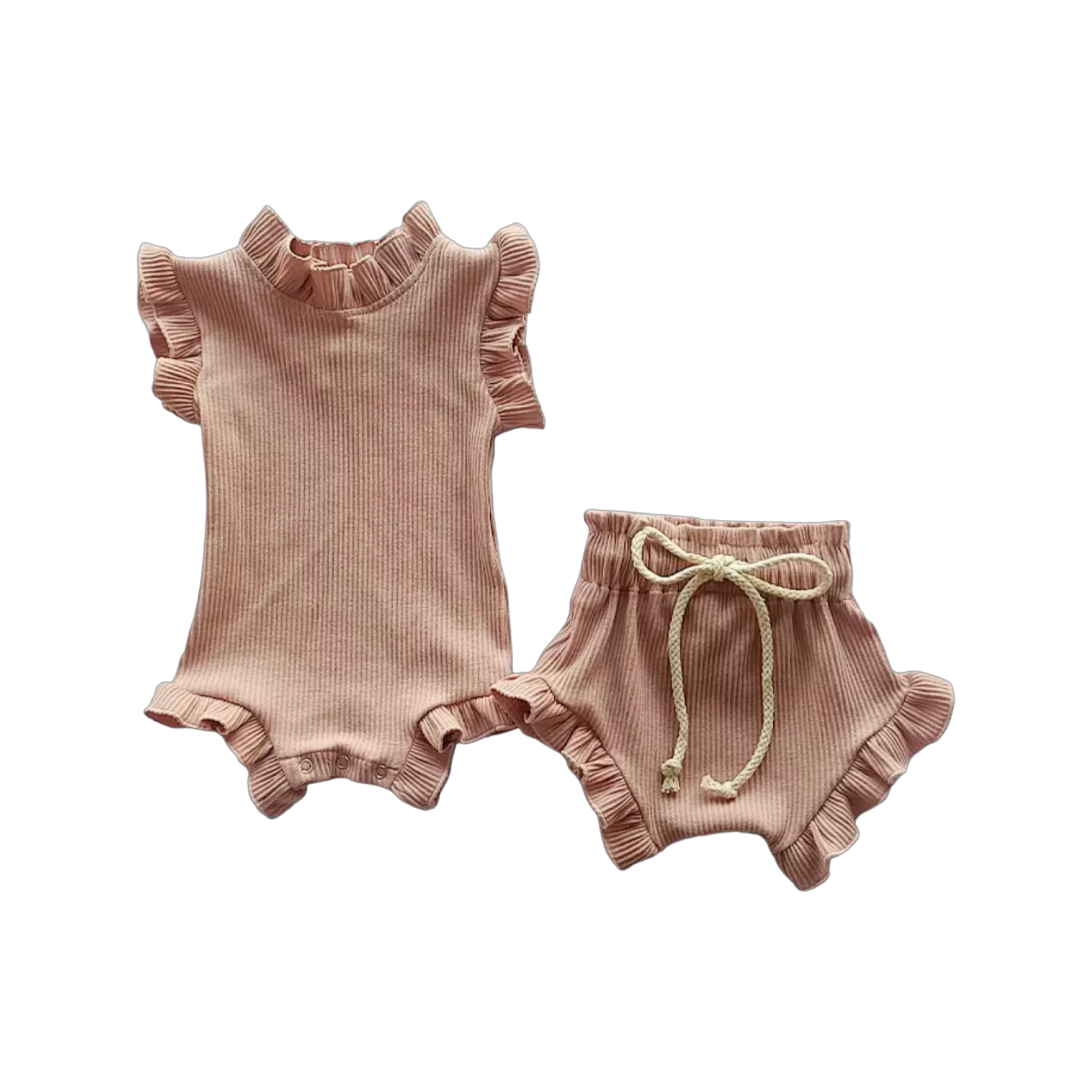 Baby Girls Short Sleeve Romper 2 piece Set, Soft Waffle Cotton