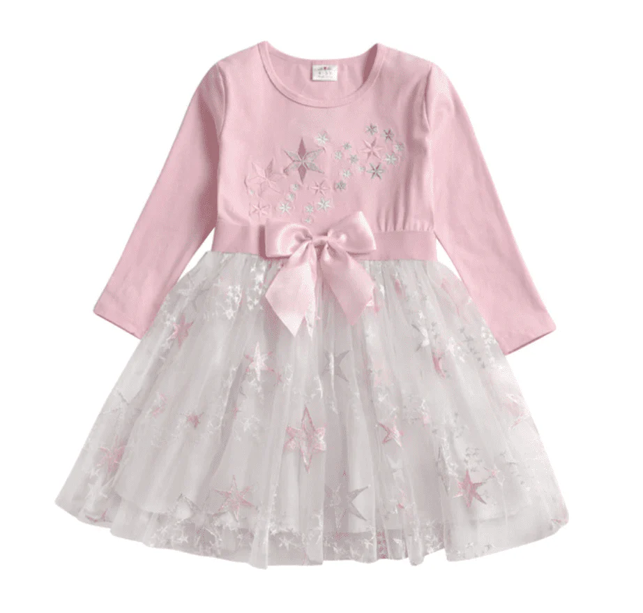 Pink Stars - Girls Long Sleeve Tulle Tutu Skirt Dress