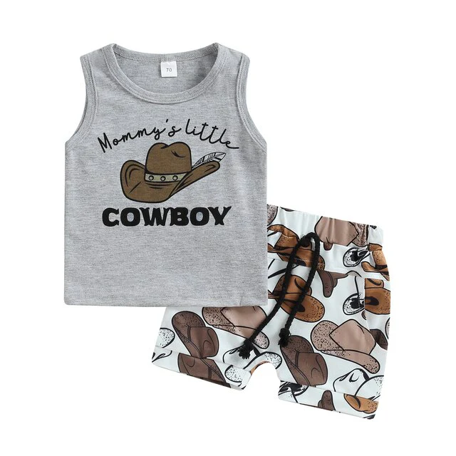 Mamas Little Cowboy - Cowboy Hat , Sleeveless Tank Top+ Shorts Casual Sets