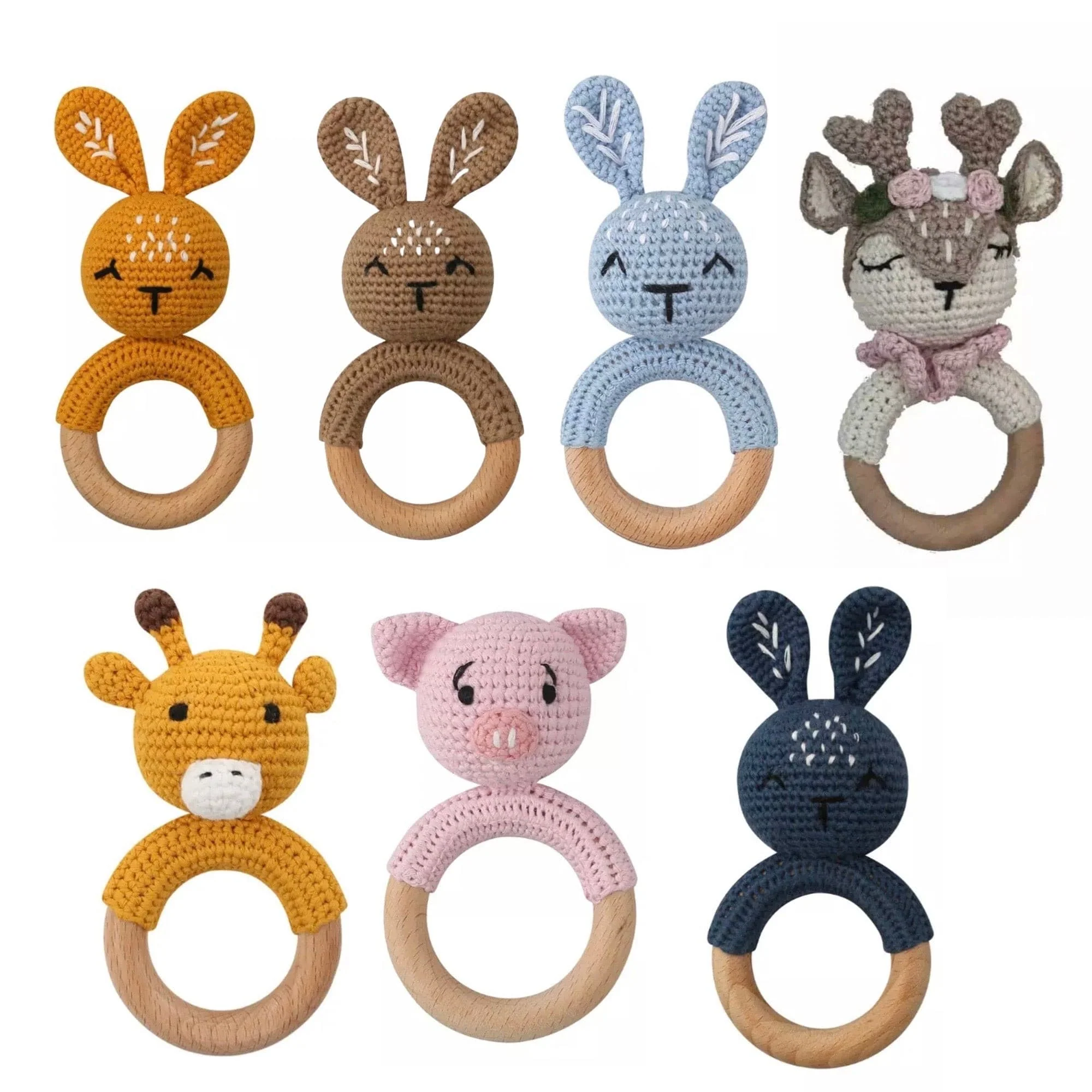 Crochet Baby Rattle Toy, Smooth Beech Wood Teething, Crochet Ring Soother