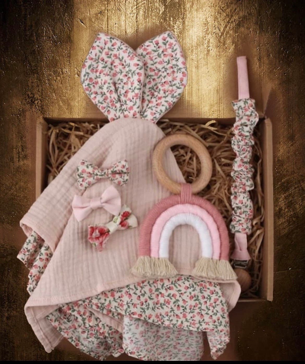 Newborn Baby Girl Hamper | Pink Muslin Comforter &  | Newborn Girl Gift Set | Baby Gift Box, Dummy Chain gift set, Dummy clip gift set,