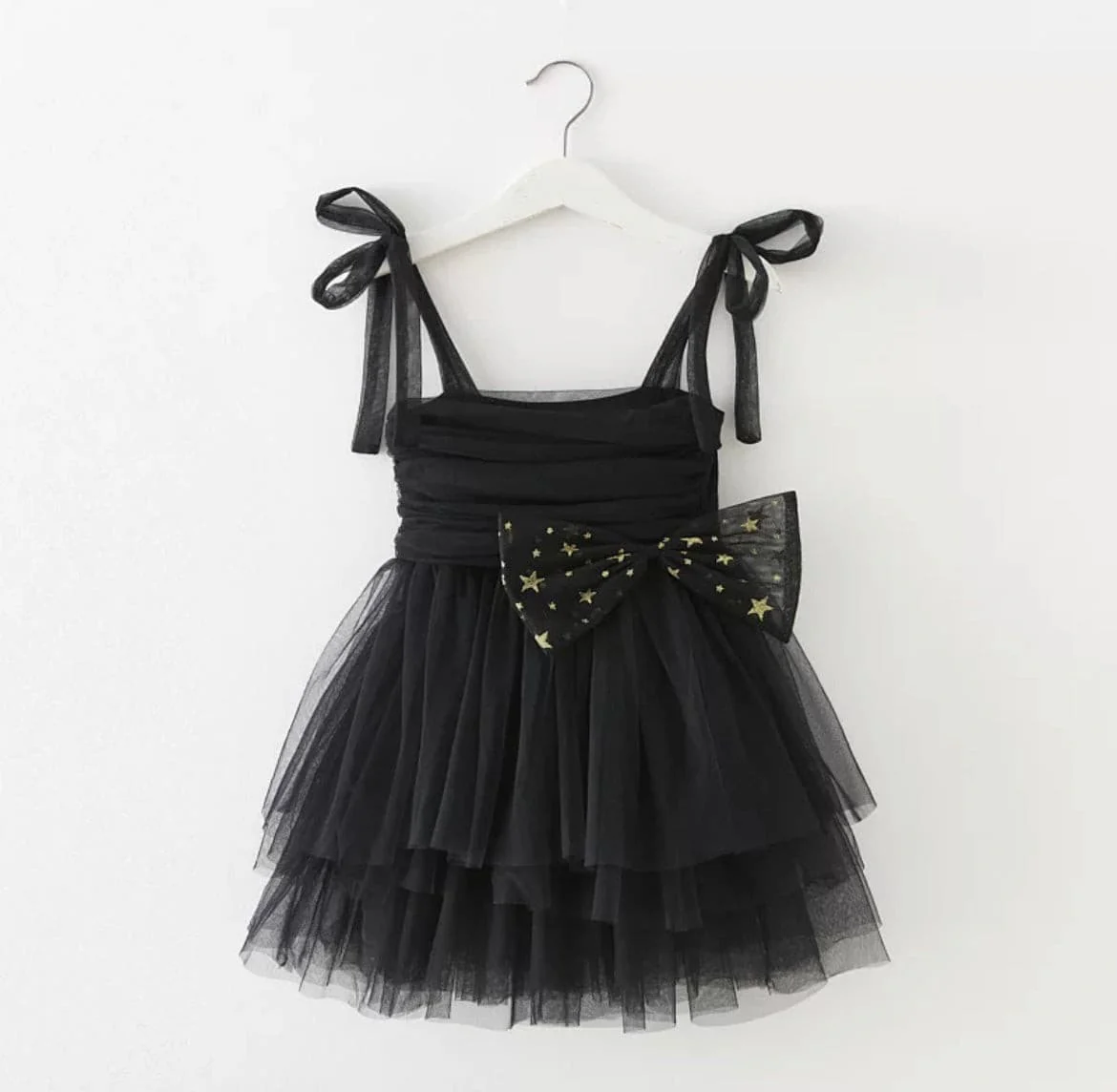 Tulle Layer Dress with Glitter Bow - Black