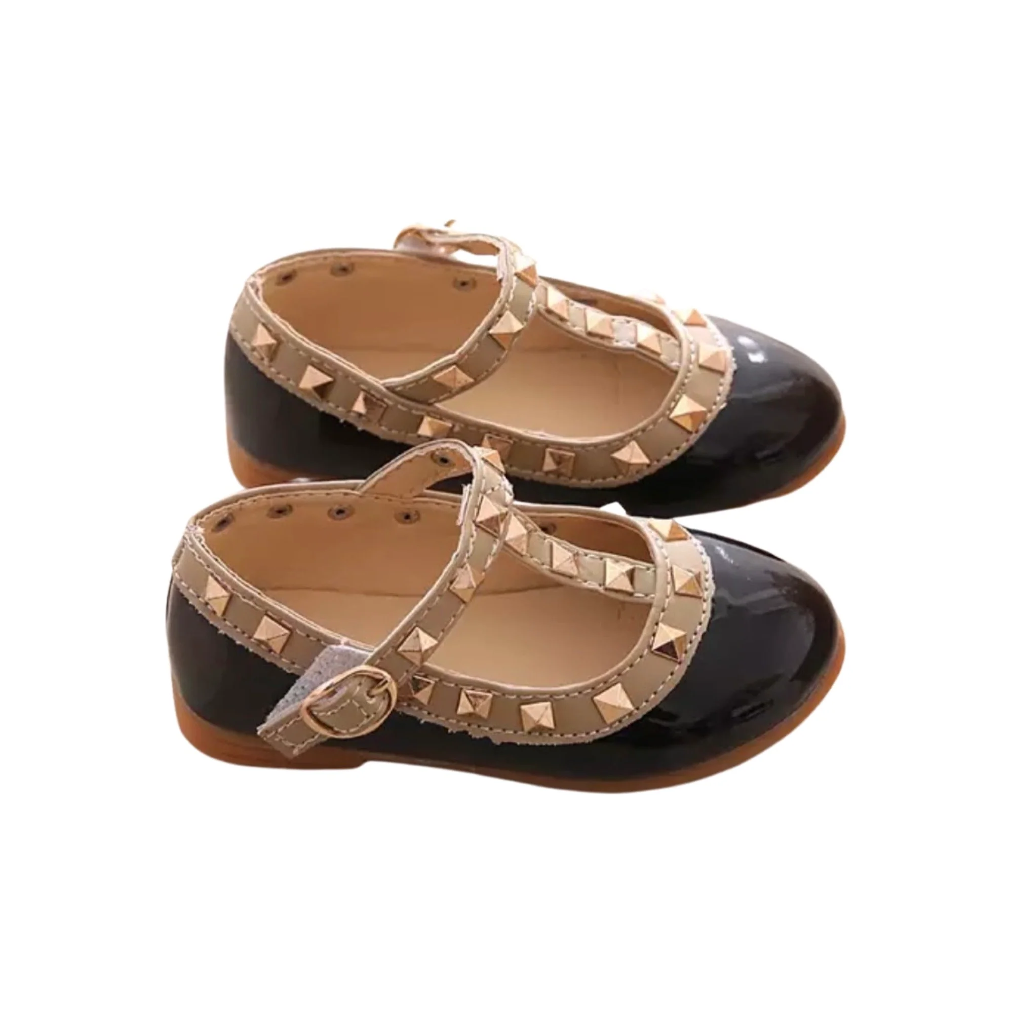 Valerie -Rockstar Stud Black Patent Leather Girl Shoes - Black