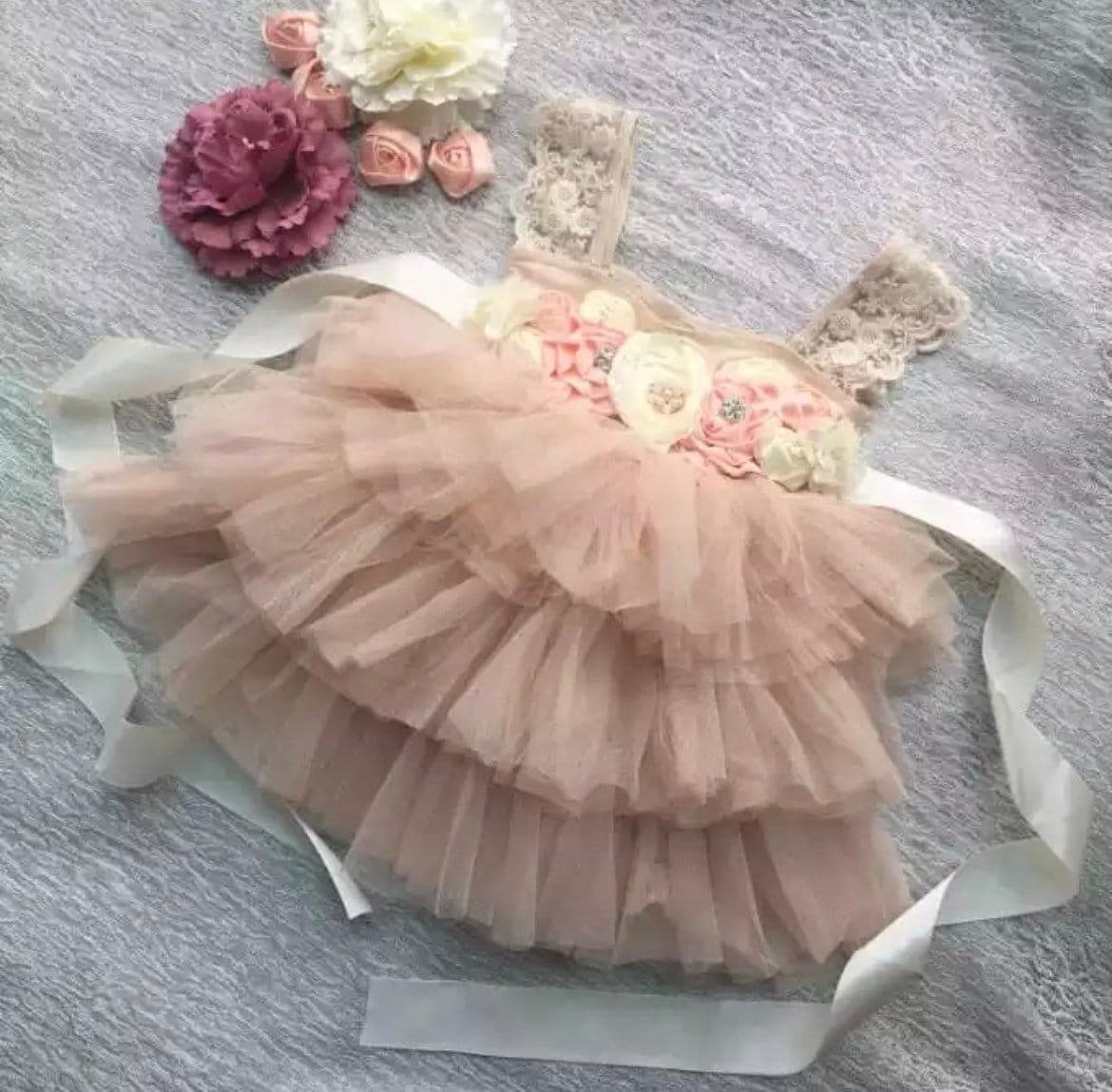 Davina - Princess Lace & Tulle Dress with Floral Sash