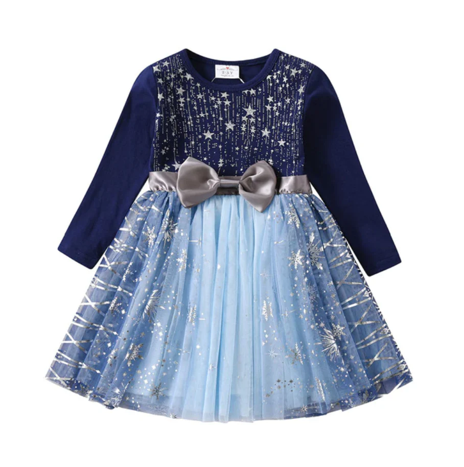 Frozen Stars - Girls Long Sleeve Tulle Skirt Dress