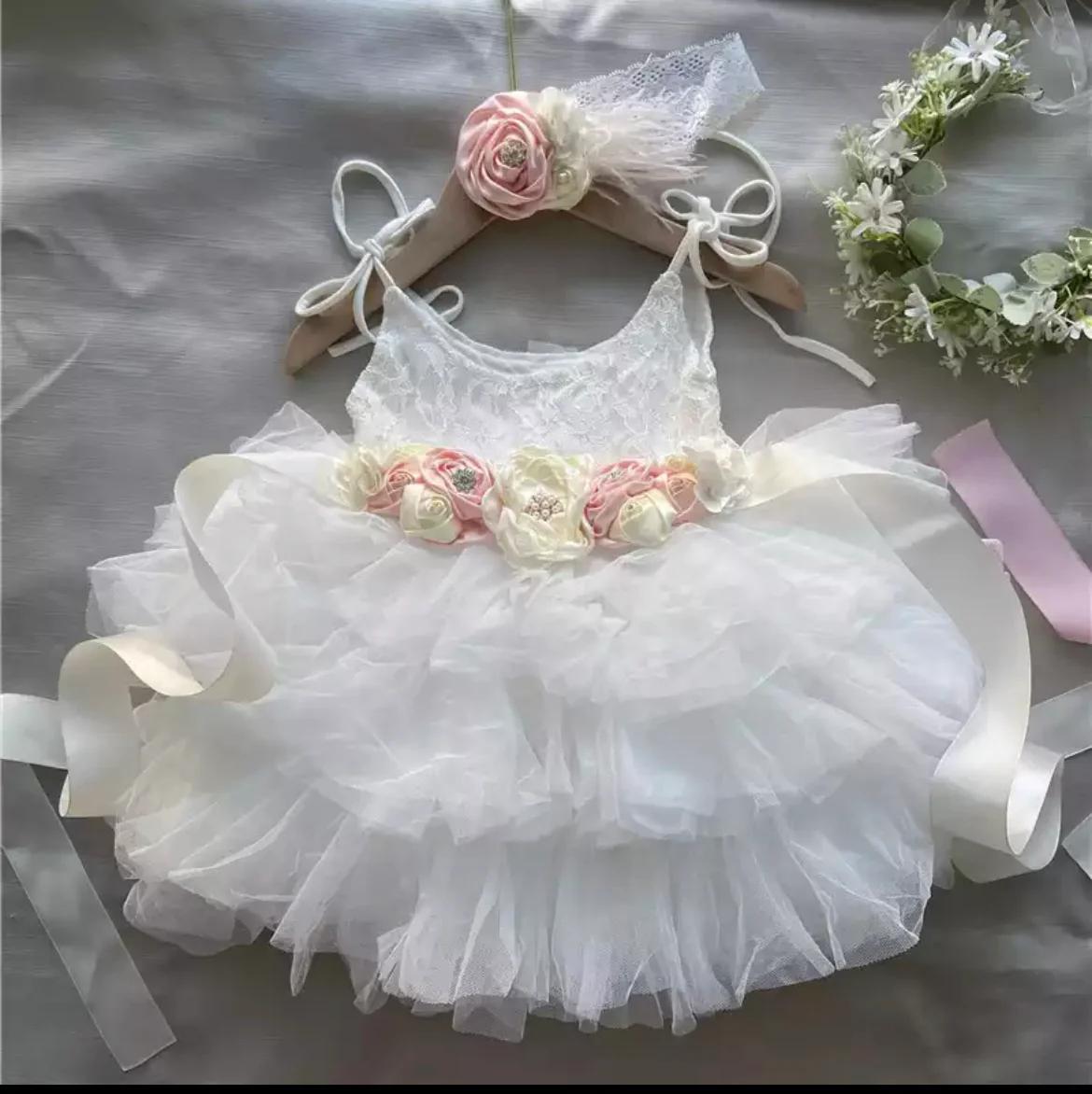Delilah - Princess Lace & Tulle Dress with Floral Sash + Headband  - Crystal White & Pink