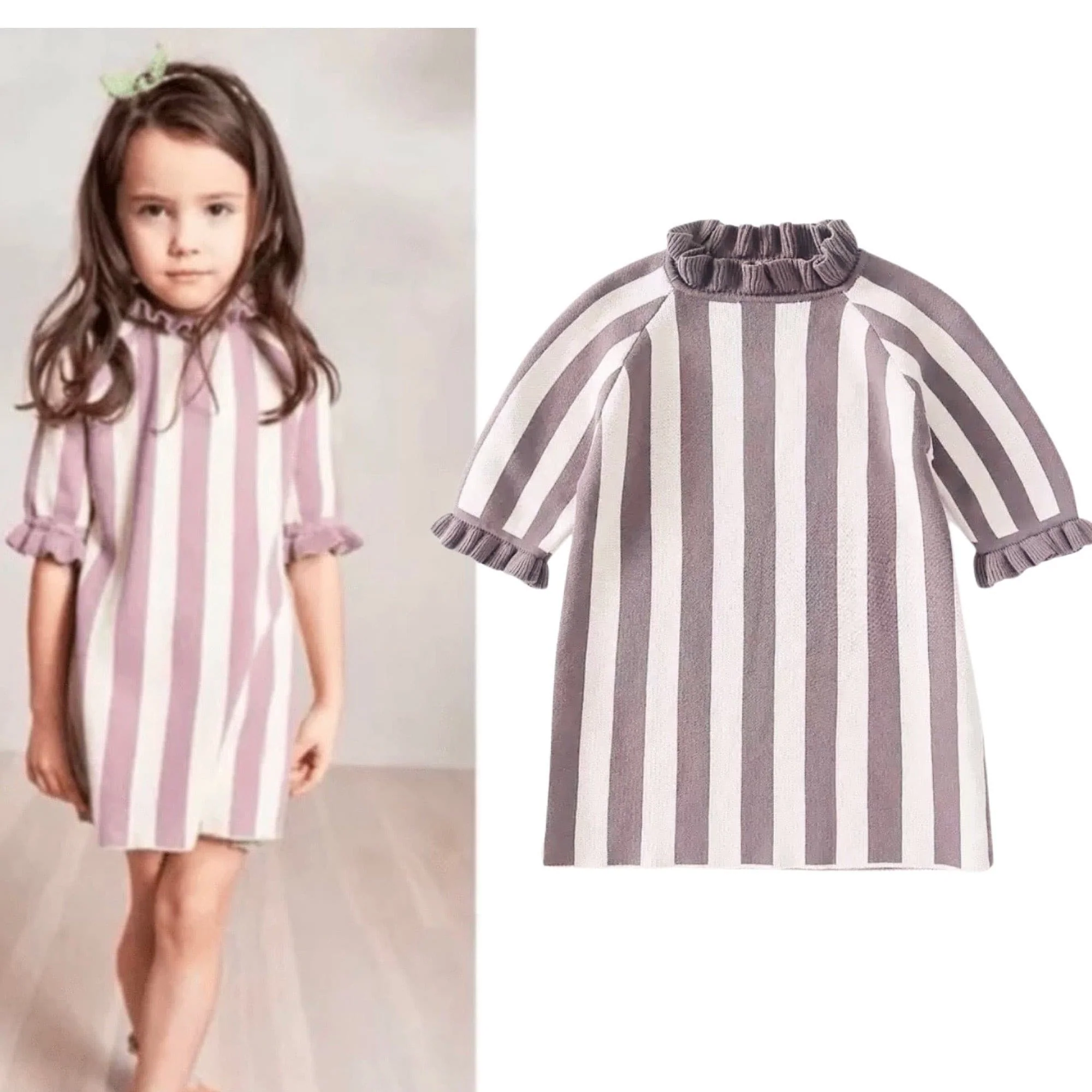 Girls 100% Cotton Knitted Stripe Dress - Lilac