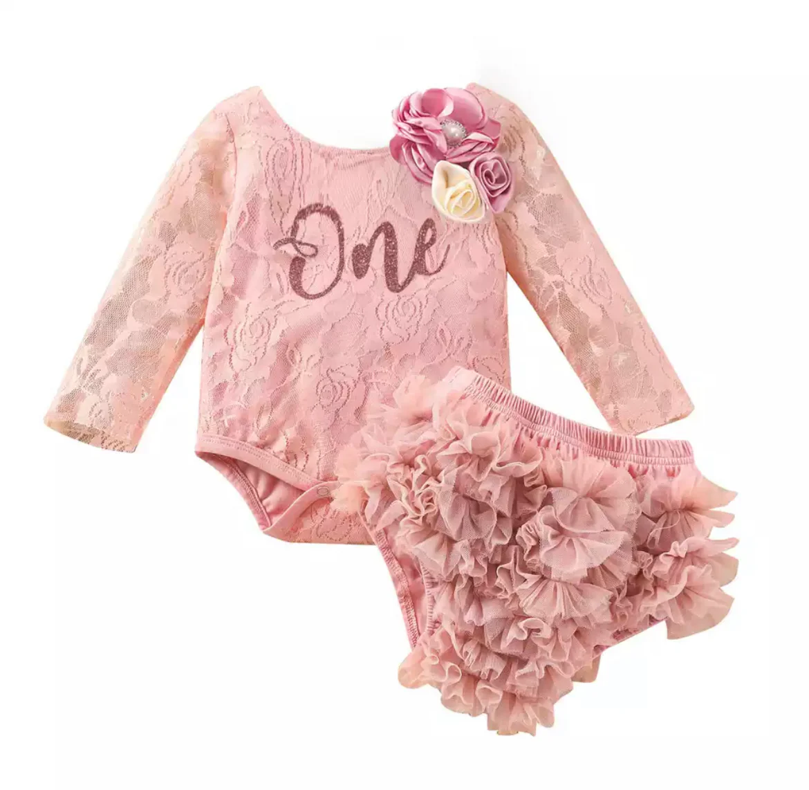 Girls First Birthday Lace ��One�� Long Sleeve Romper + Bloomers Set  - Dusty Pink