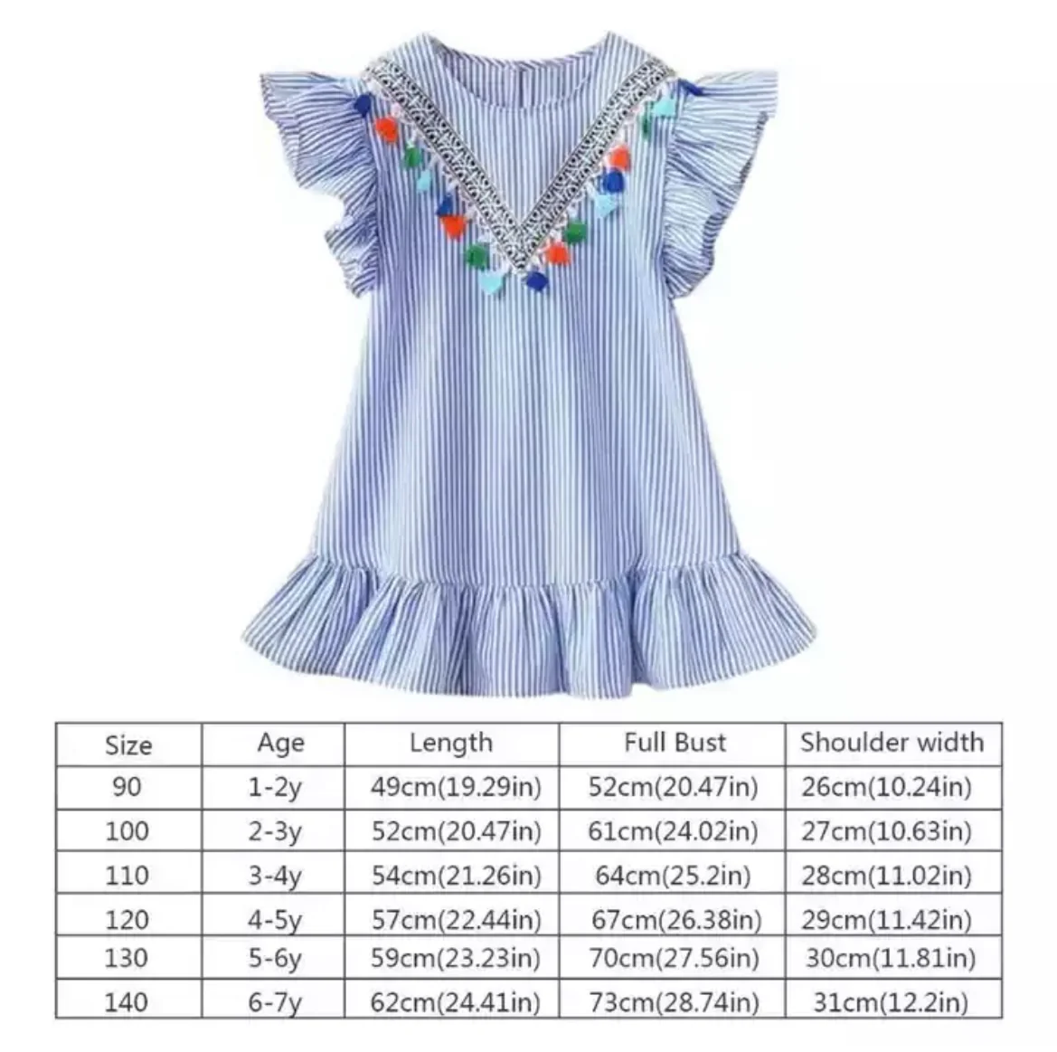 Girls Boho Tassel Stripe Summer Dress - Blue