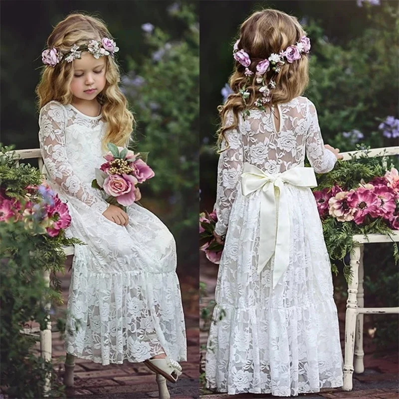 Jasmine - Christening Dresses Long Sleeve Baby Girl White Flower Girl Dresses