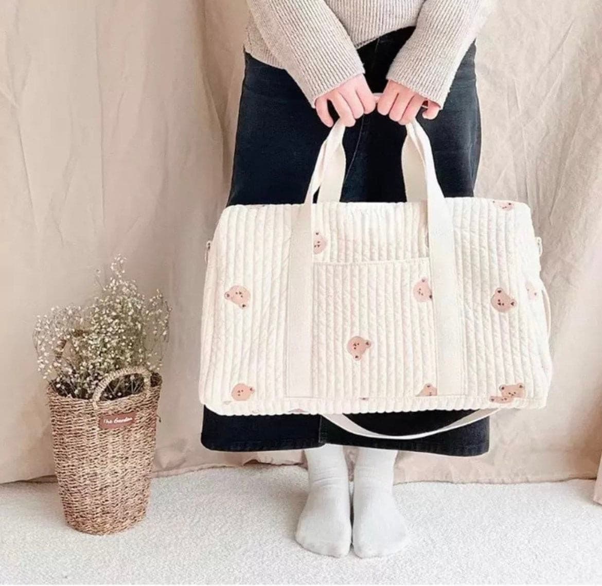 Large Nappy Bag , Embroidered and Quilted Diaper Bag