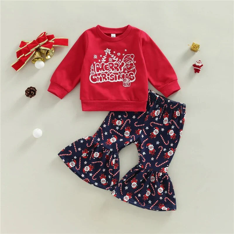 Girls Christmas Clothing Set - Long Sleeve Letter Print Sweatshirt + Flare Pants