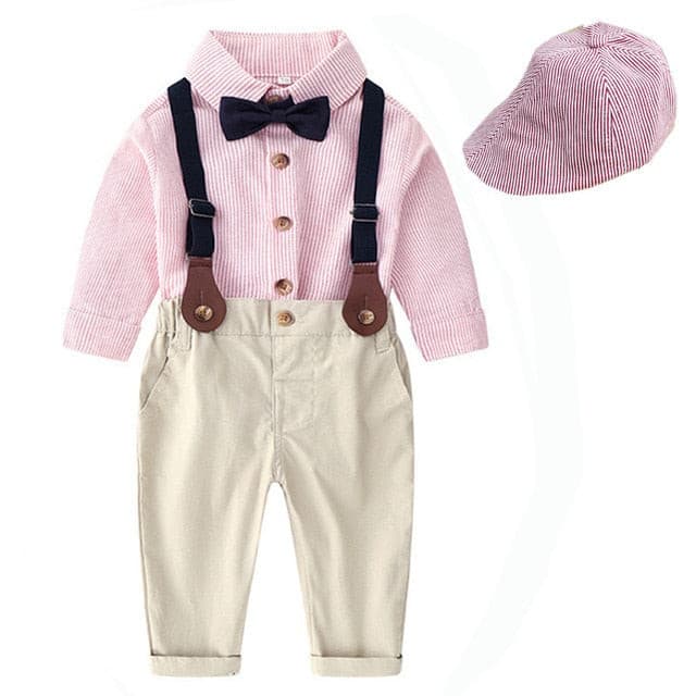 Camden - Toddler Boys Set With Hat Striped Shirt + Tie + Pants + Belt 5 Pcs Baby Kids, Colour -Pink
