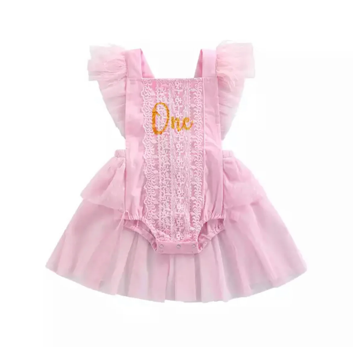 Girls First Birthday Lace ��One�� Romper - Pink