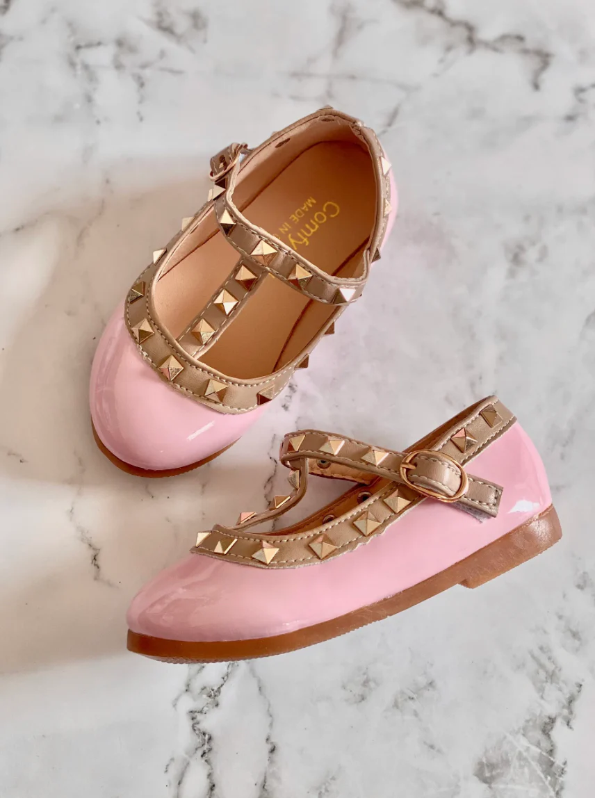 Valerie - Rockstar Stud Pink Patent Leather Girl Shoes - Pink