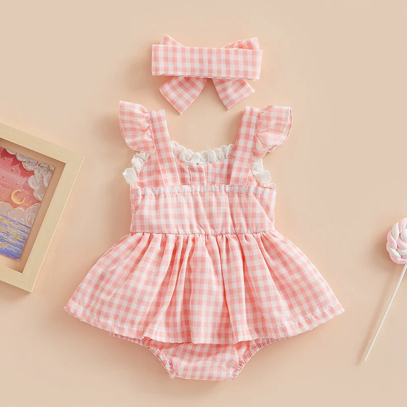Plaid Lace Ruffle Playsuit + Bow Headband Baby Girl Summer Romper Outfit