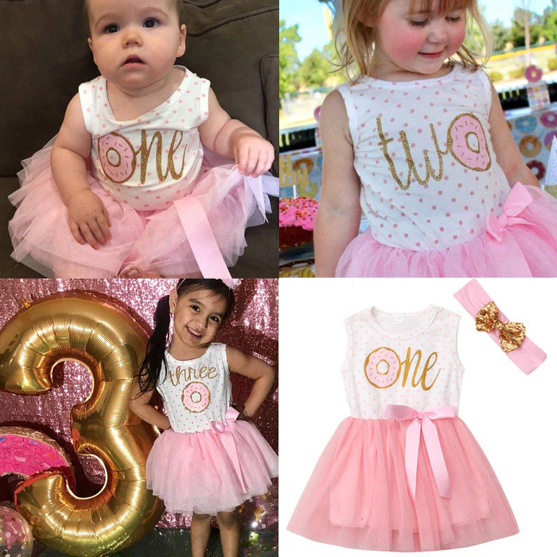 Baby Girl Donut Print Third Birthday Tutu Dress Outfit