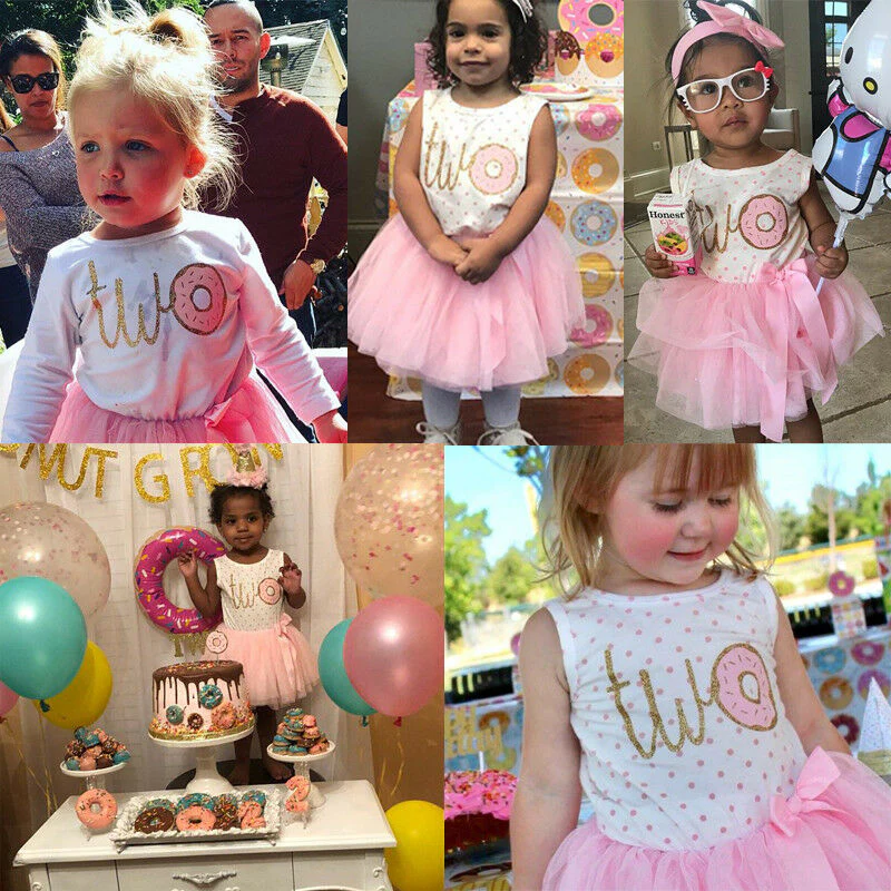 Baby Girl Donut Print Third Birthday Tutu Dress Outfit