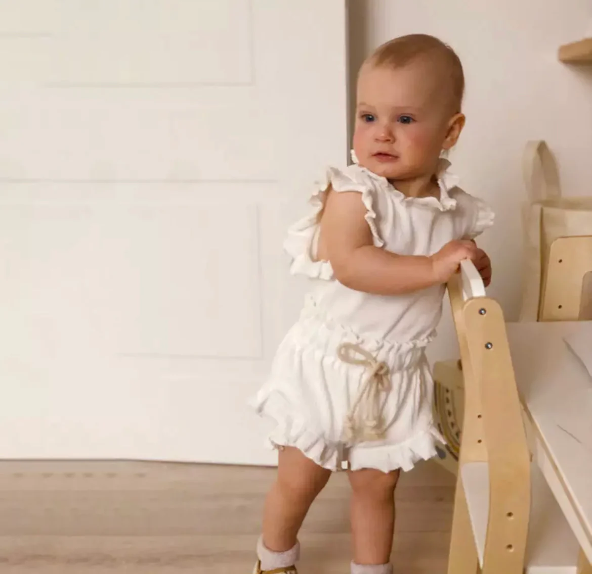 Baby Girls Short Sleeve Romper 2 piece Set, Soft Waffle Cotton