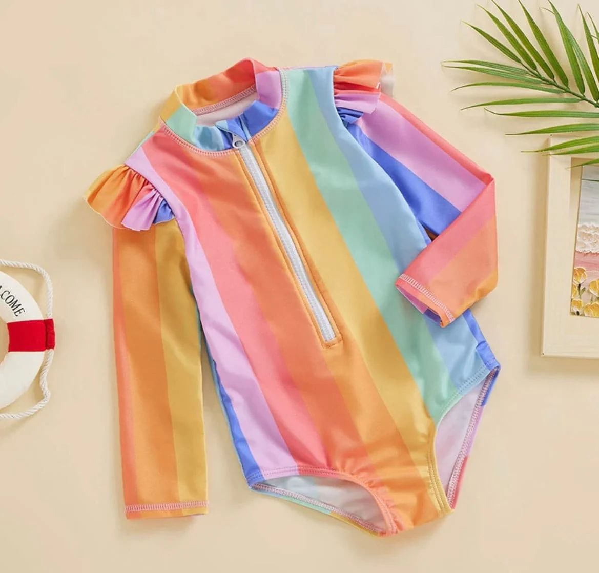 Girls Rainbow Long Sleeve Frill UV suit - Rainbow Multi