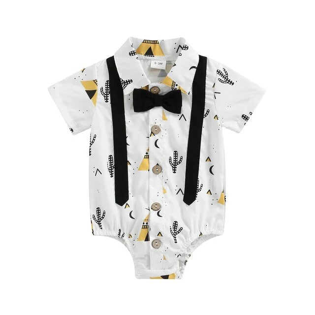 Aztec Print Baby Boys Romper Shirt - Suspenders & Bowtie