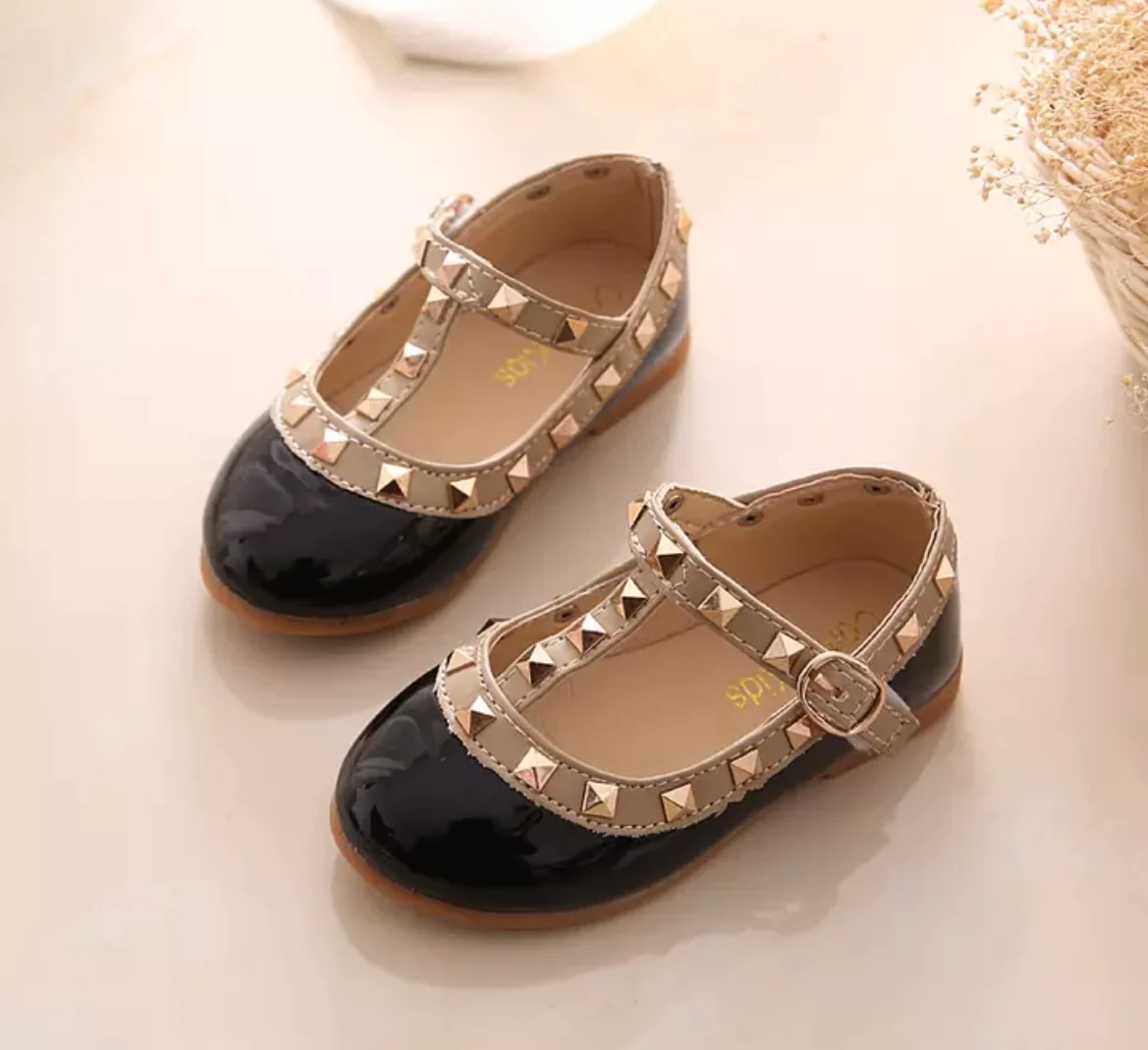 Valerie -Rockstar Stud Black Patent Leather Girl Shoes - Black