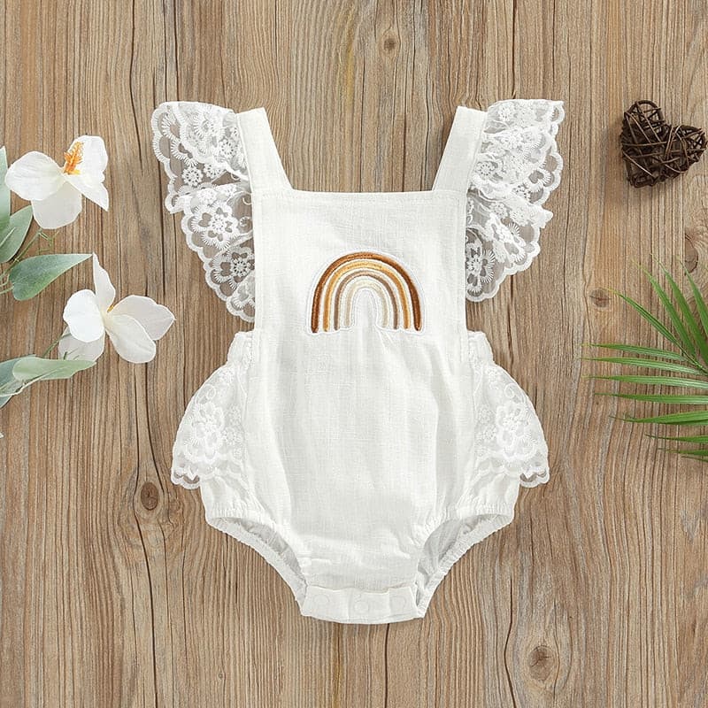 Summer Baby Girls Romper Lace Fly Sleeve Rainbow Romper - Ivory