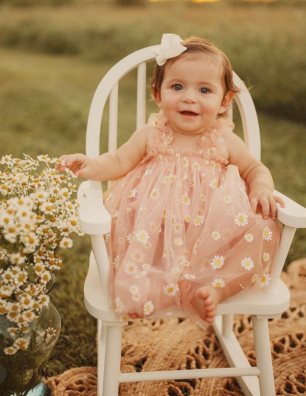 Girls Tulle Tutu Dress with Daisies - Vintage Mint