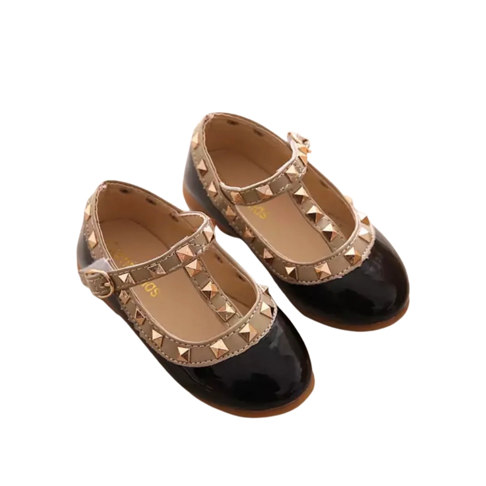 Valerie -Rockstar Stud Black Patent Leather Girl Shoes - Black