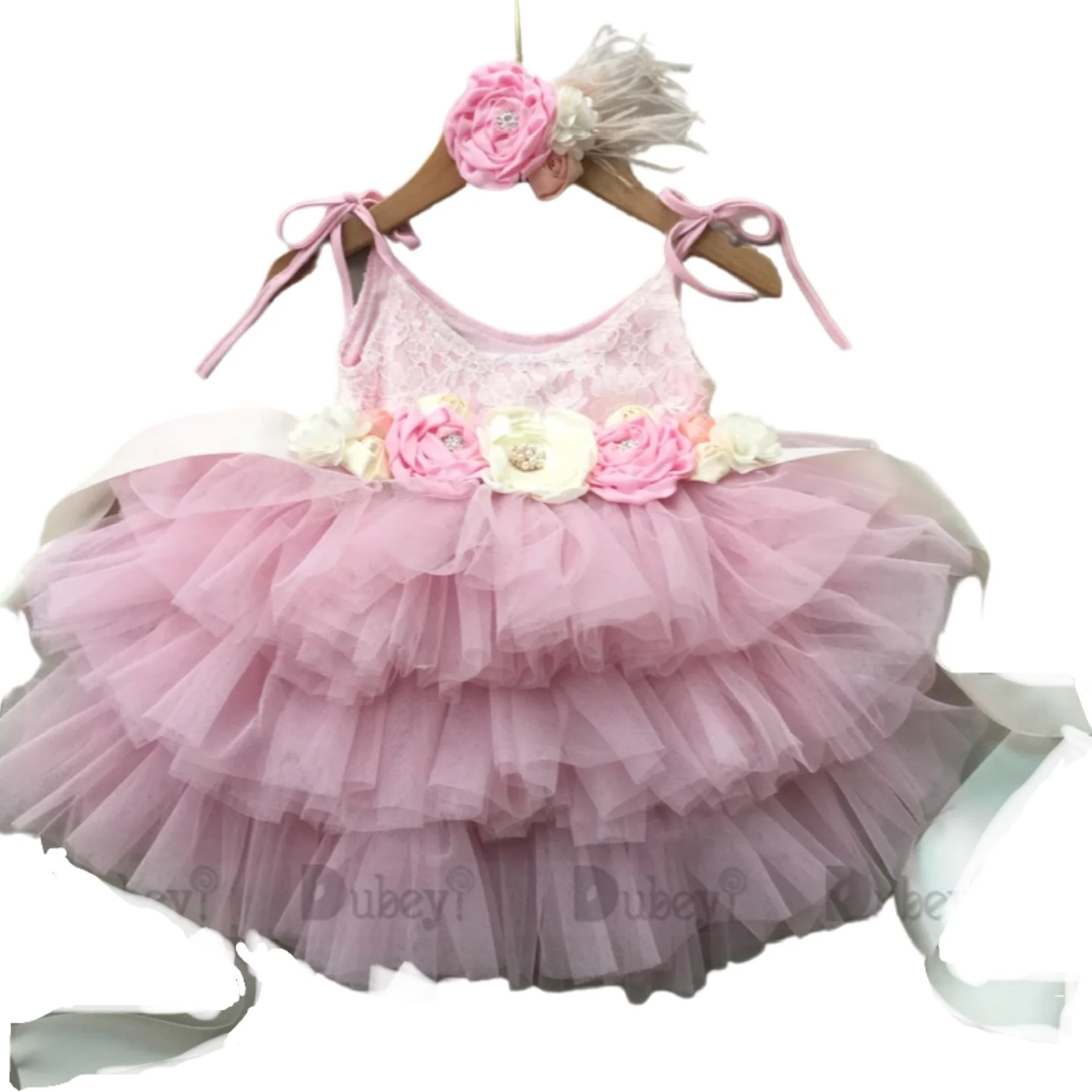 Delilah - Princess Lace & Tulle Dress with Floral Sash + Headband  - Pink & Ivory