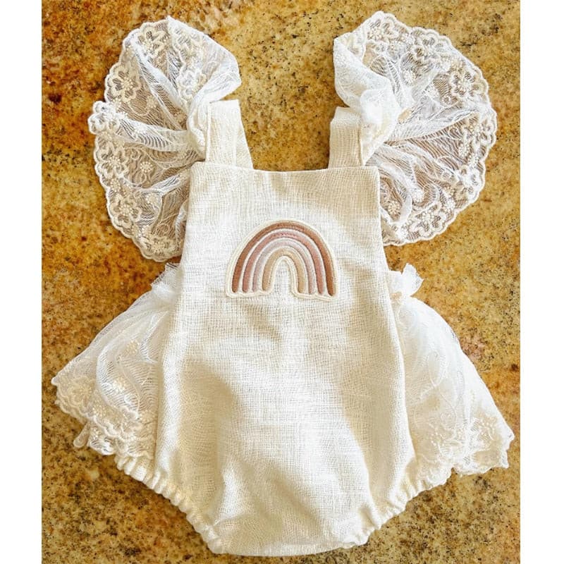 Summer Baby Girls Romper Lace Fly Sleeve Rainbow Romper - Ivory