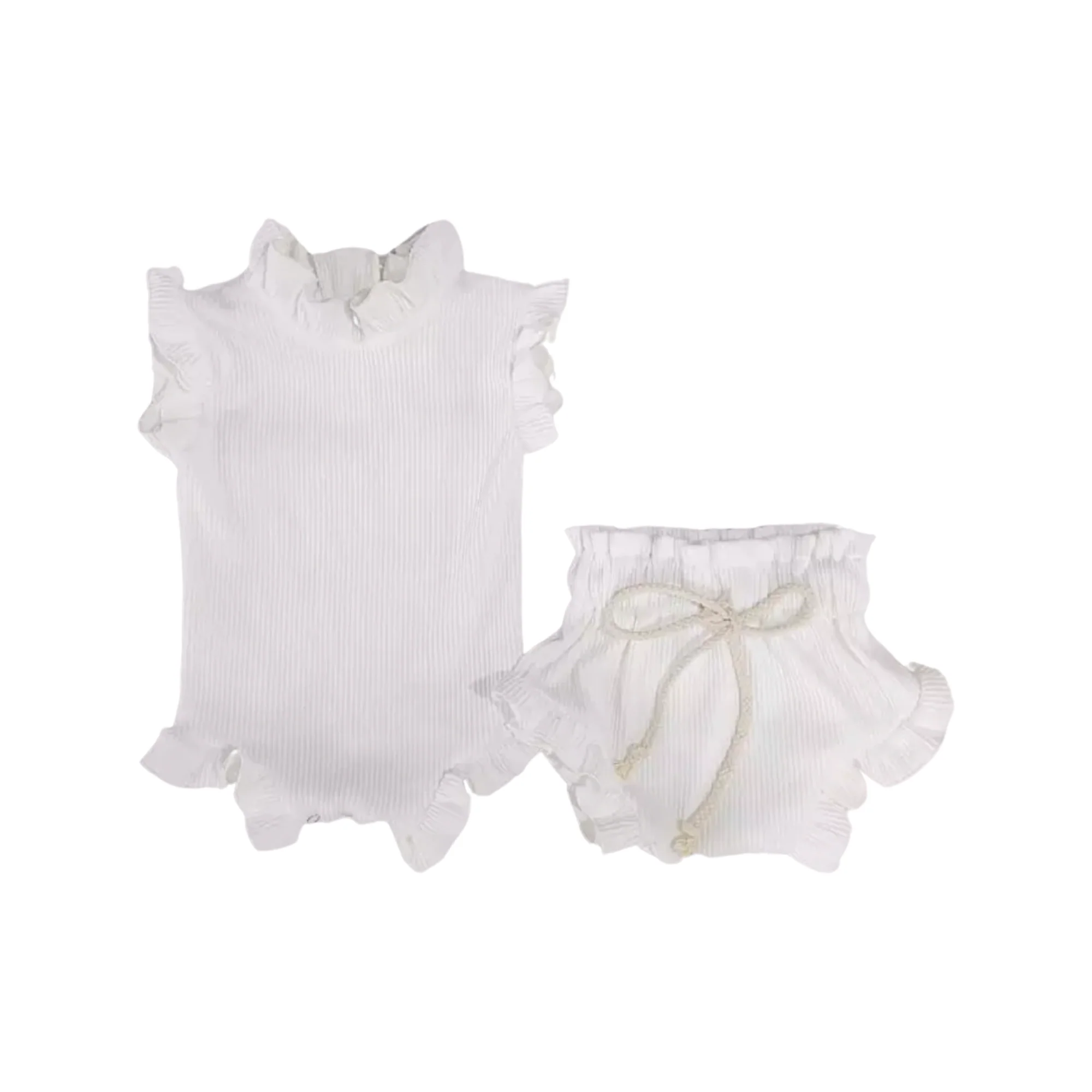 Baby Girls Short Sleeve Romper 2 piece Set, Soft Waffle Cotton