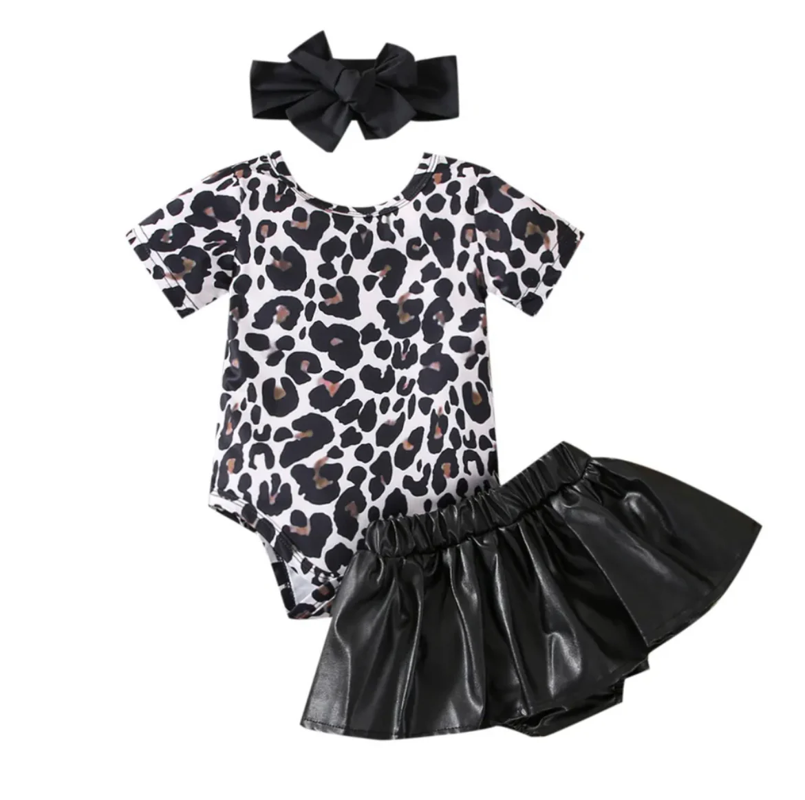 Minx - Leopard Printed Romper & Leather Skirt - Girls Clothing Set