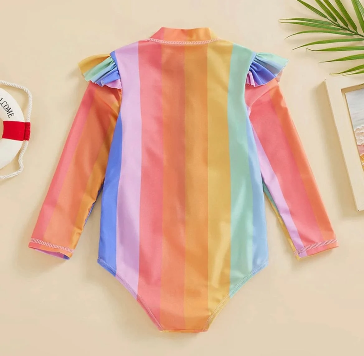 Girls Rainbow Long Sleeve Frill UV suit - Rainbow Multi