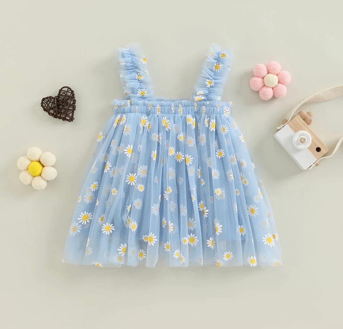 Girls Tulle Tutu Dress with Daisies - Sky Blue