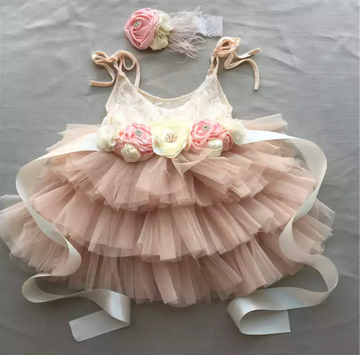 Delilah - Princess Lace & Tulle Dress with Floral Sash + Headband  - Ivory & Dusty Rose