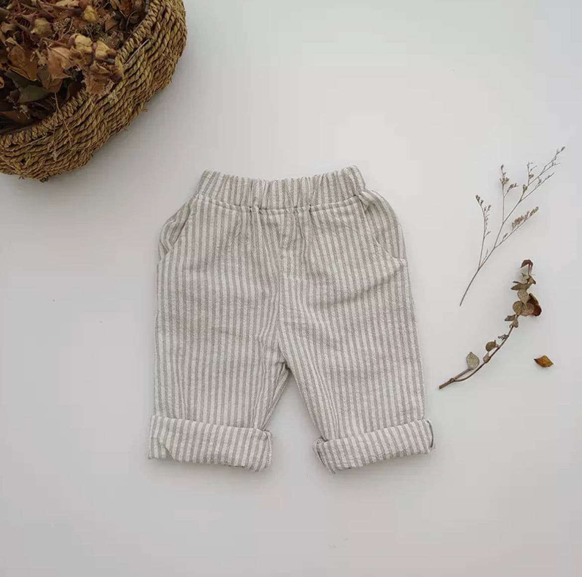 Linen Baby Pants - Beige Stripes