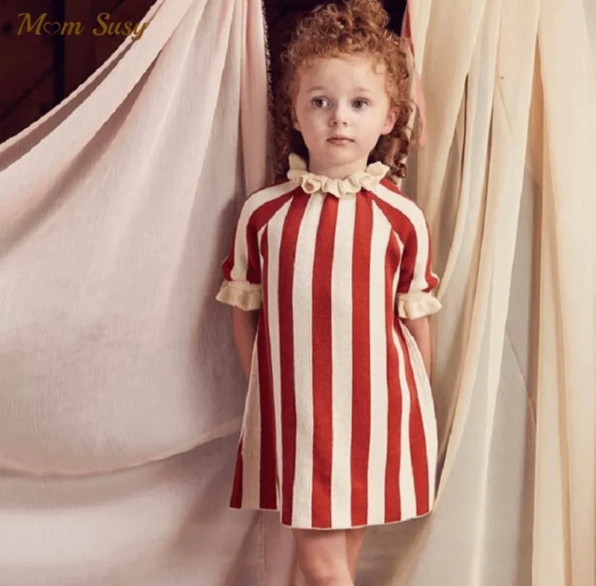 Girls 100% Cotton Knitted Stripe Dress - Red