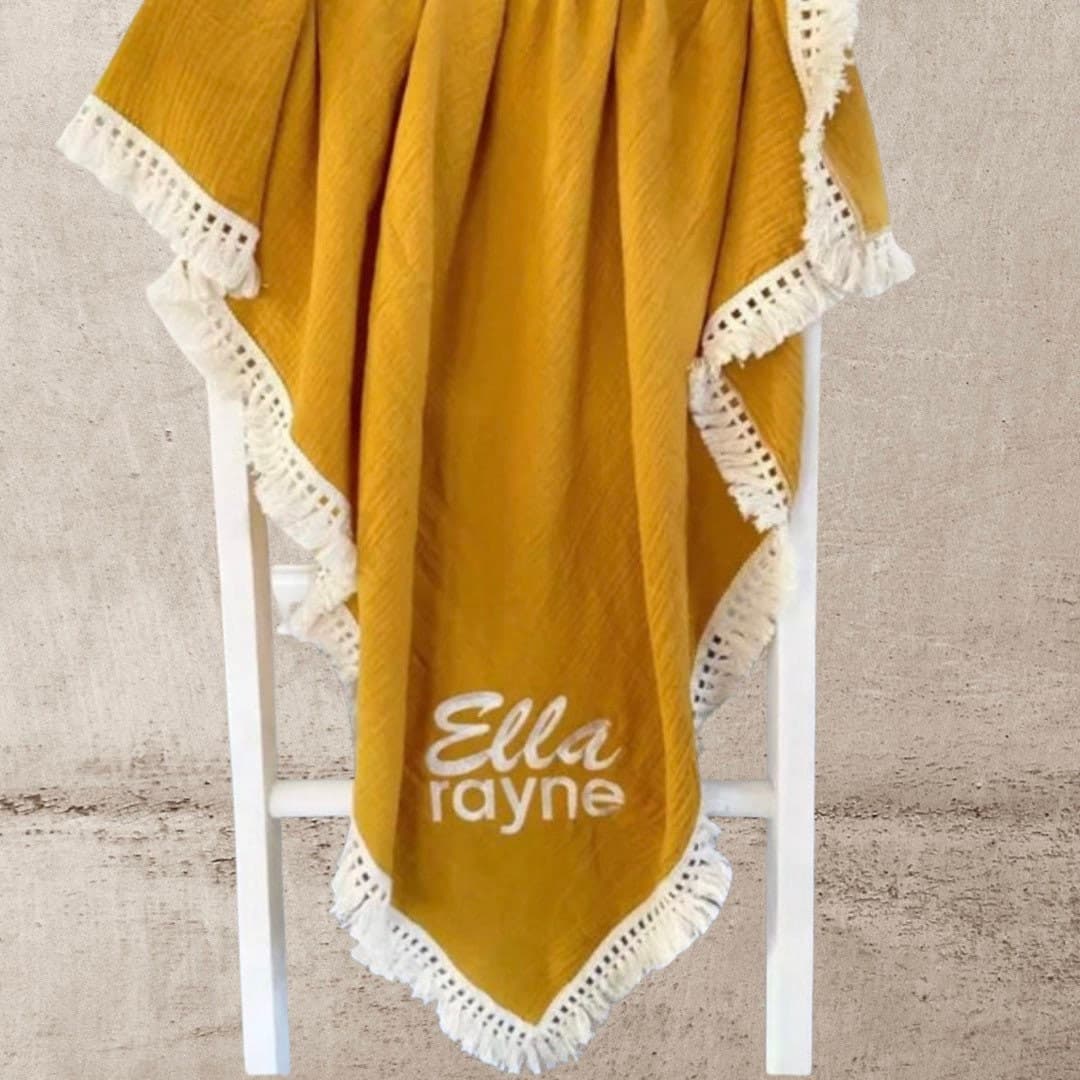 Personalised Baby Blanket in Muslin with Tassels