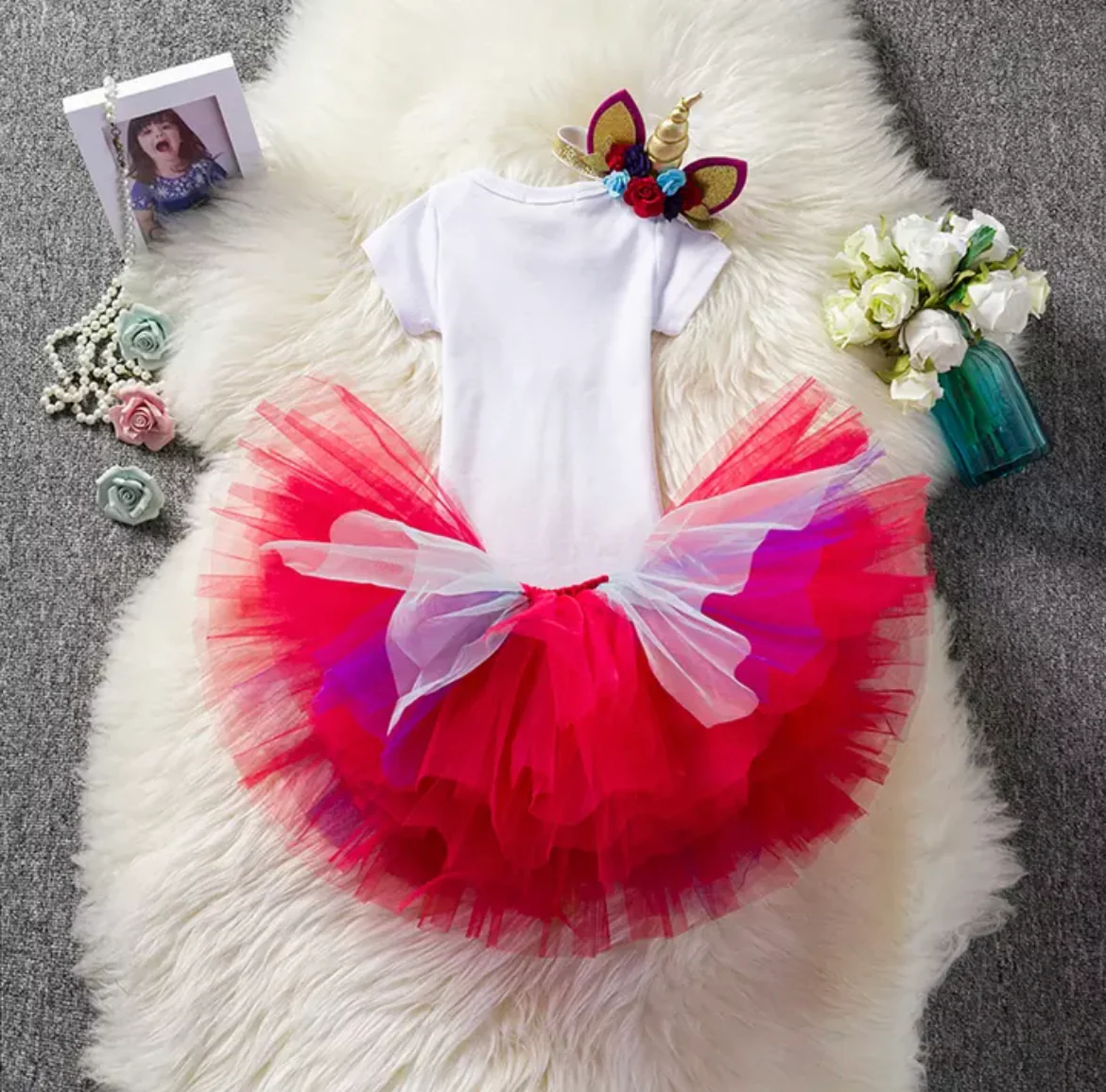 Red Multi Glitter Unicorn Dress First Birthday Tutu Dress with Crown