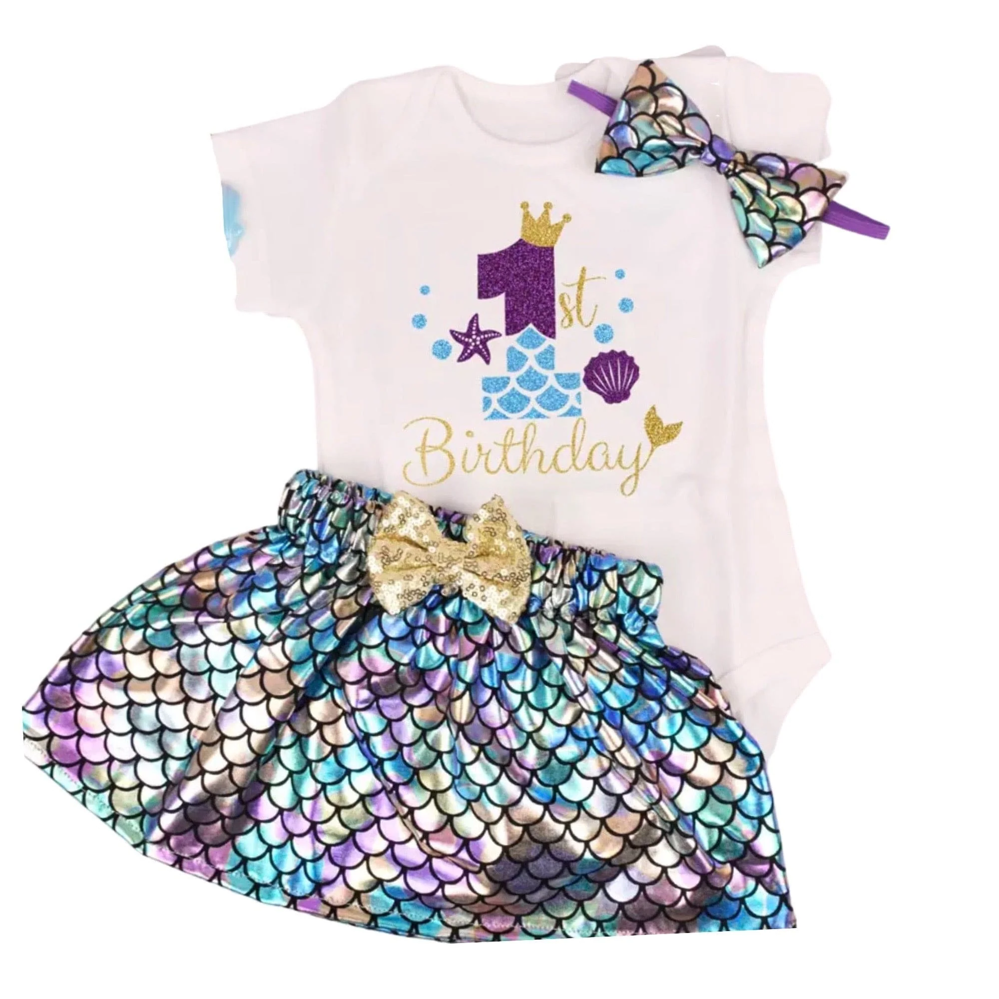 First Birthday One Romper - Mermaid Theme , Blue