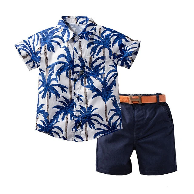 Blue Palms - Boys Blue Palm Tree Print Shirt and Shorts Set