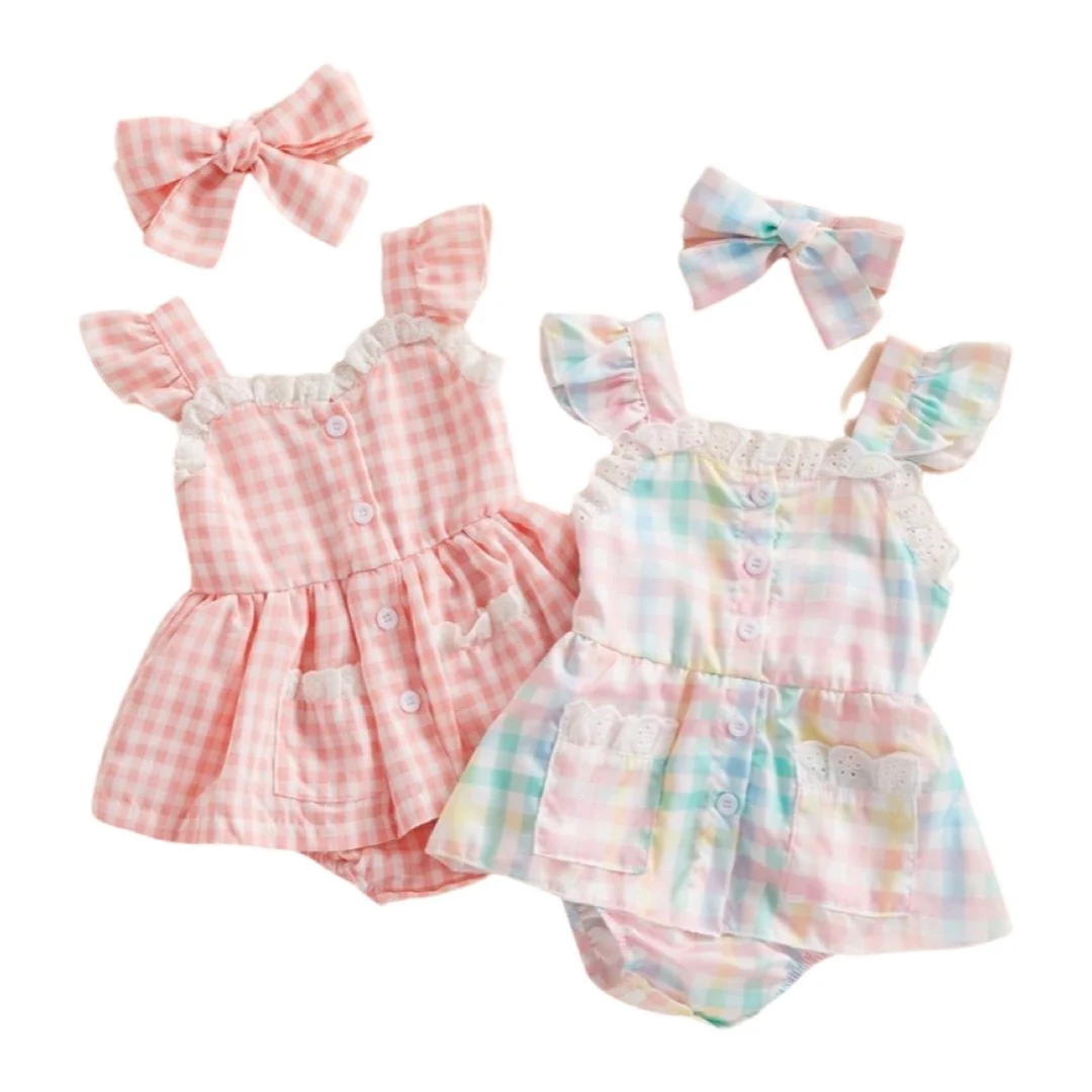 Plaid Lace Ruffle Playsuit + Bow Headband Baby Girl Summer Romper Outfit