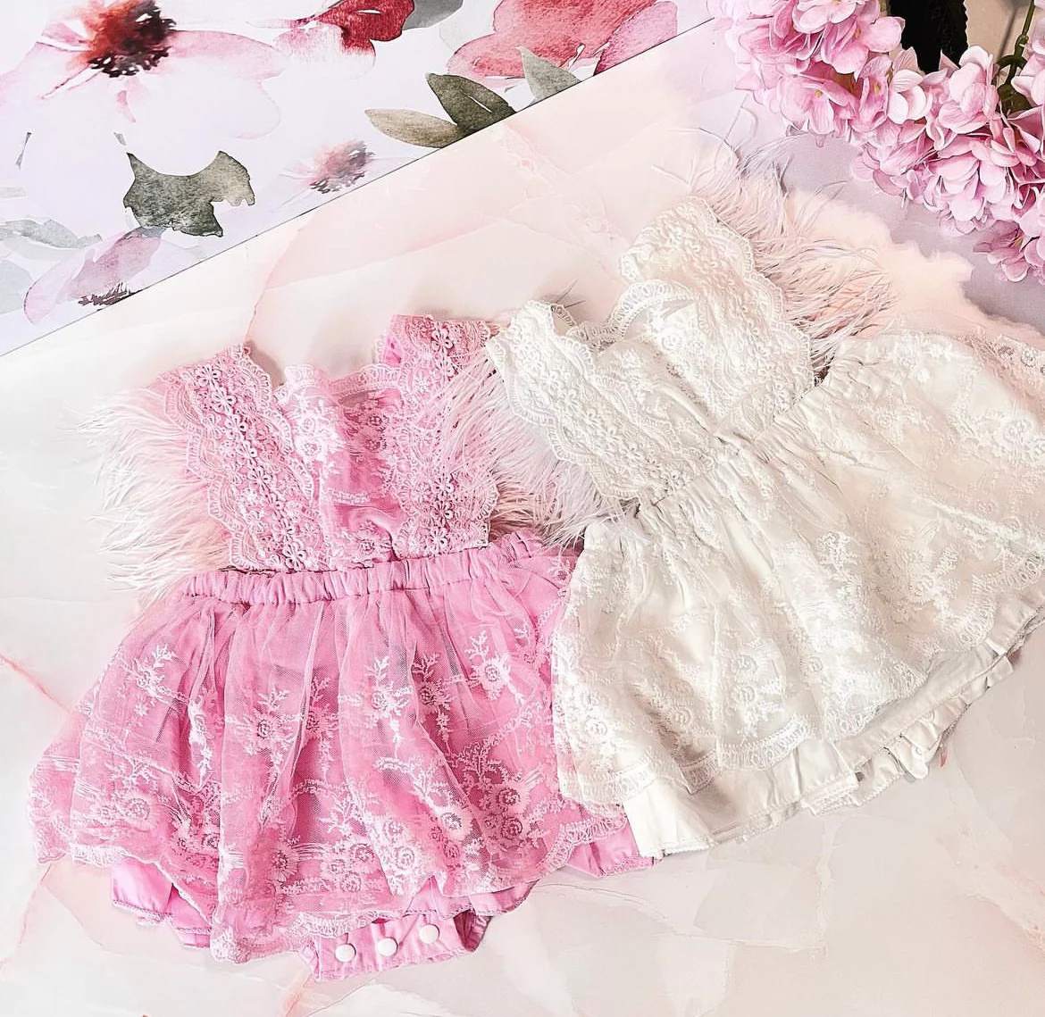 Winona Feather Romper - Pink