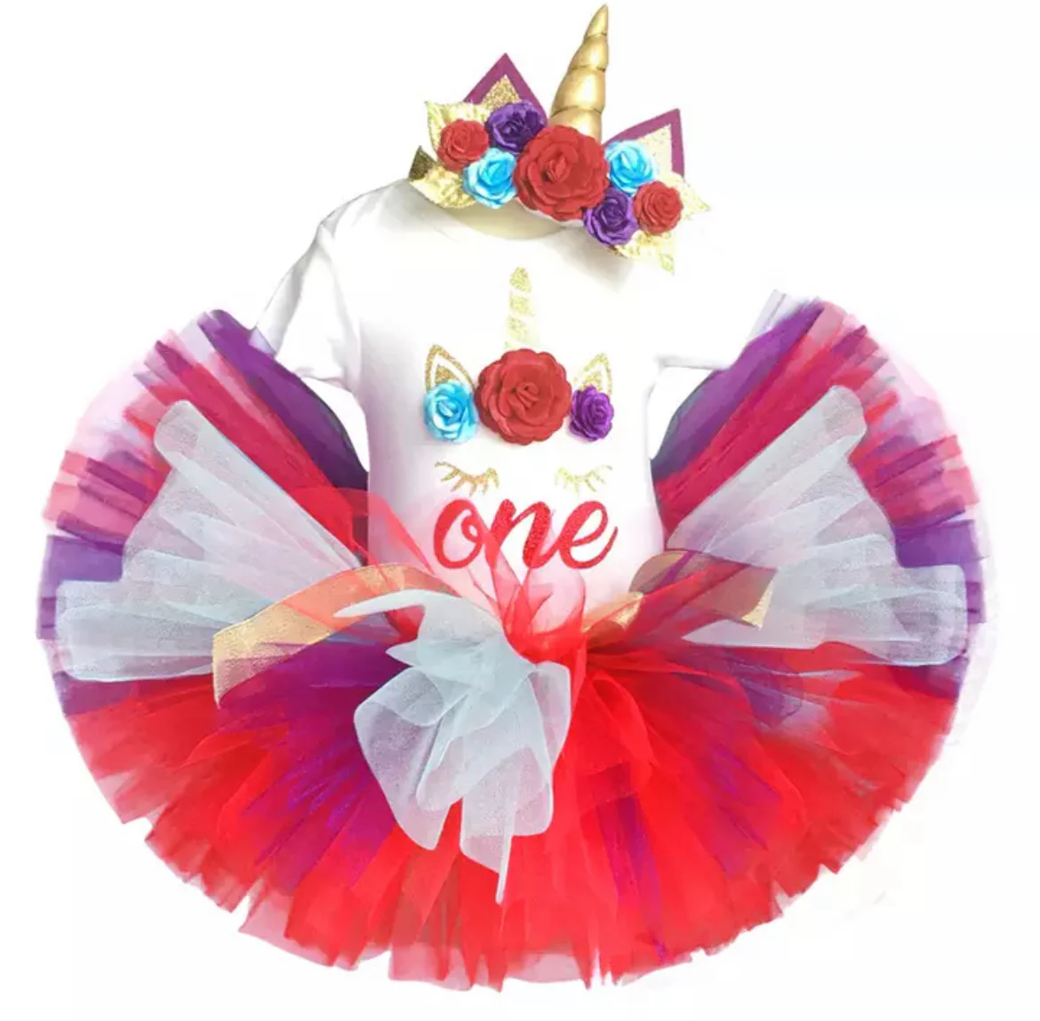 Red Multi Glitter Unicorn Dress First Birthday Tutu Dress with Crown