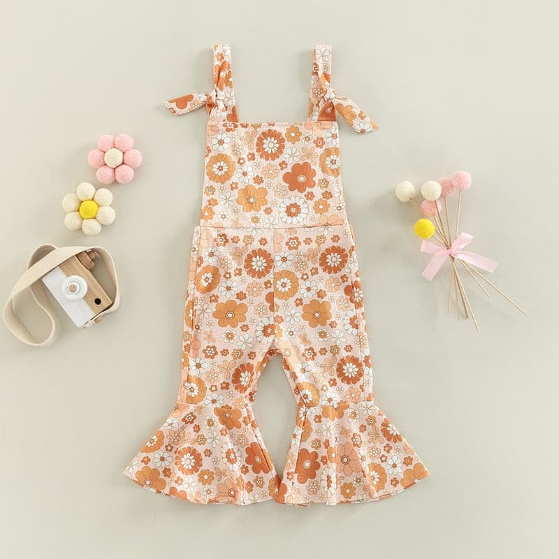Flower Power - Baby Girl Jumpsuits Flare Bell Bottoms , Nude Multi