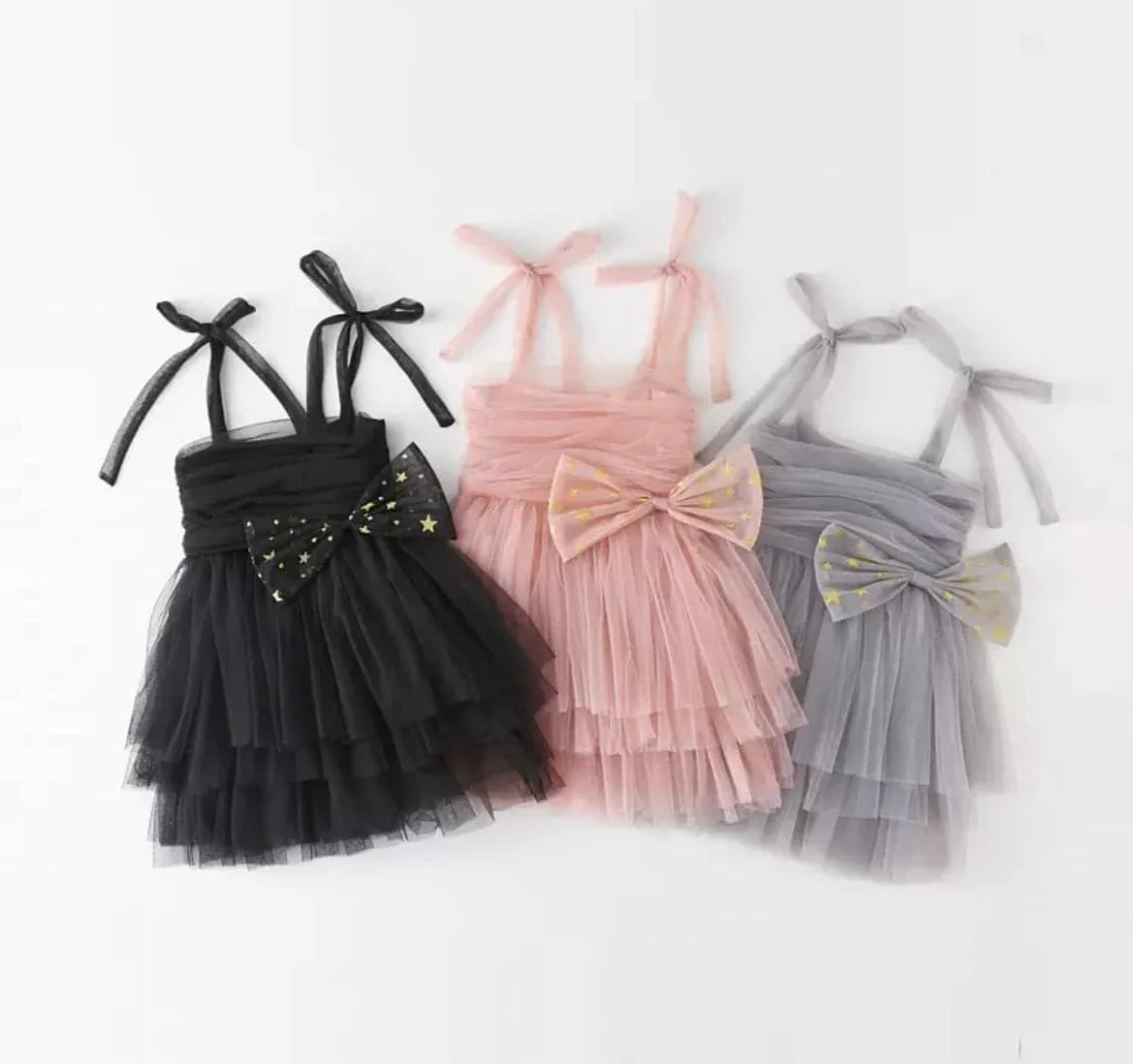 Tulle Layer Dress with Glitter Bow- Grey