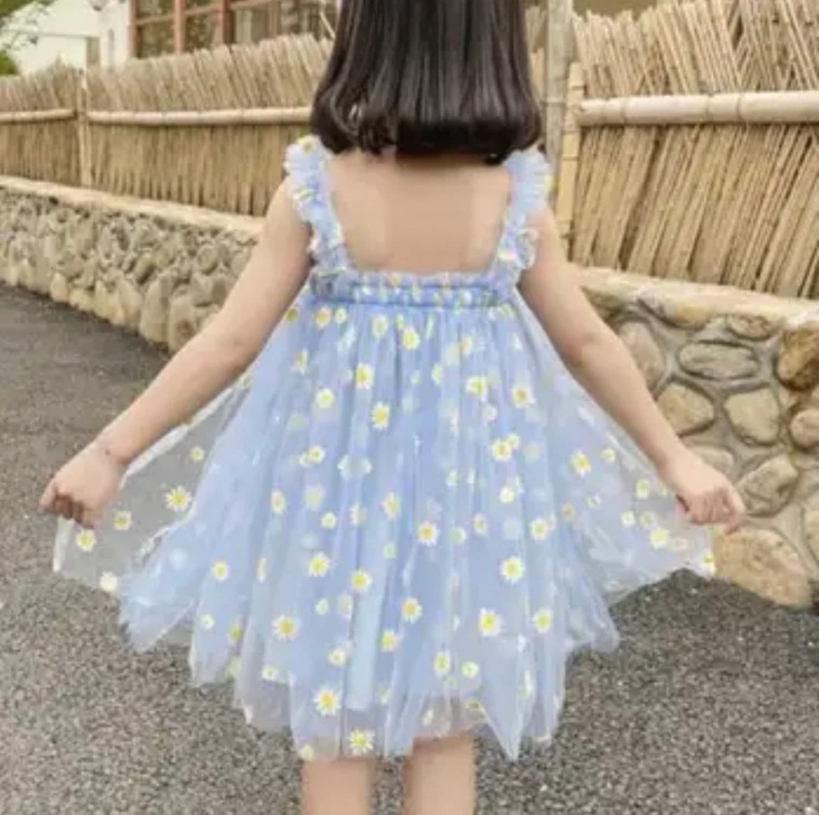 Girls Tulle Tutu Dress with Daisies - Sky Blue
