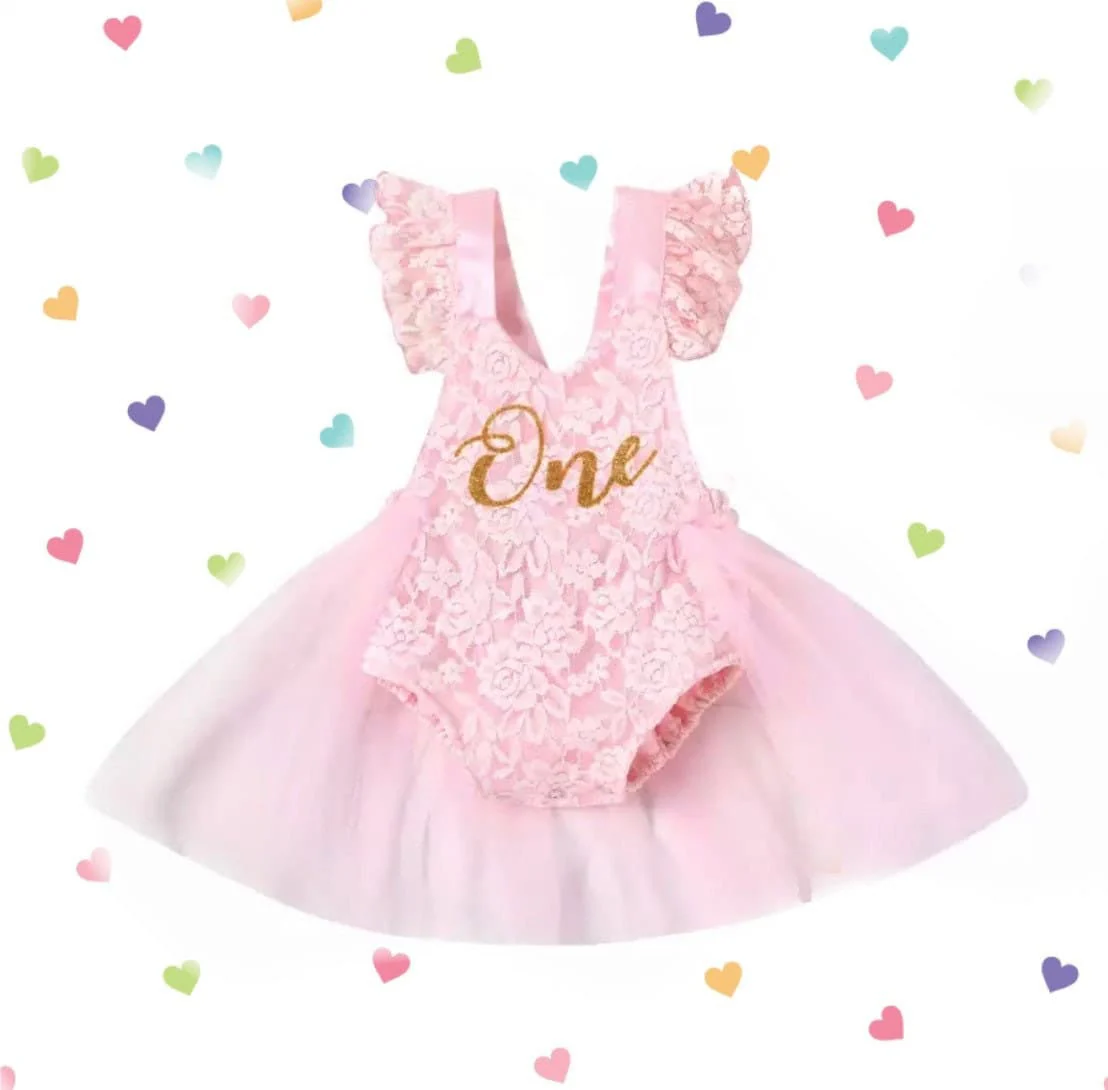Lacey - Baby Girls First Birthday Lace Romper + Glitter One