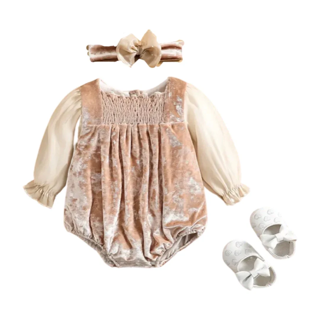 Beige Velvet Bodysuit Baby Girl Romper